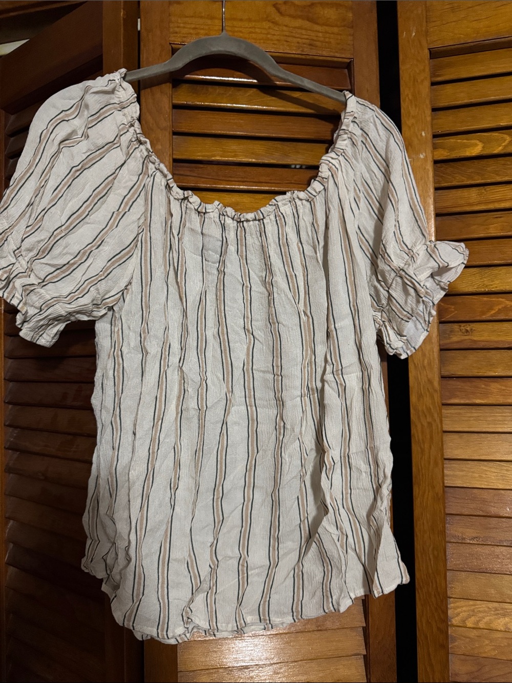 Striped Off-Shoulder Puff Sleeve Women’s Top - Cream with Green & Brown Stripes